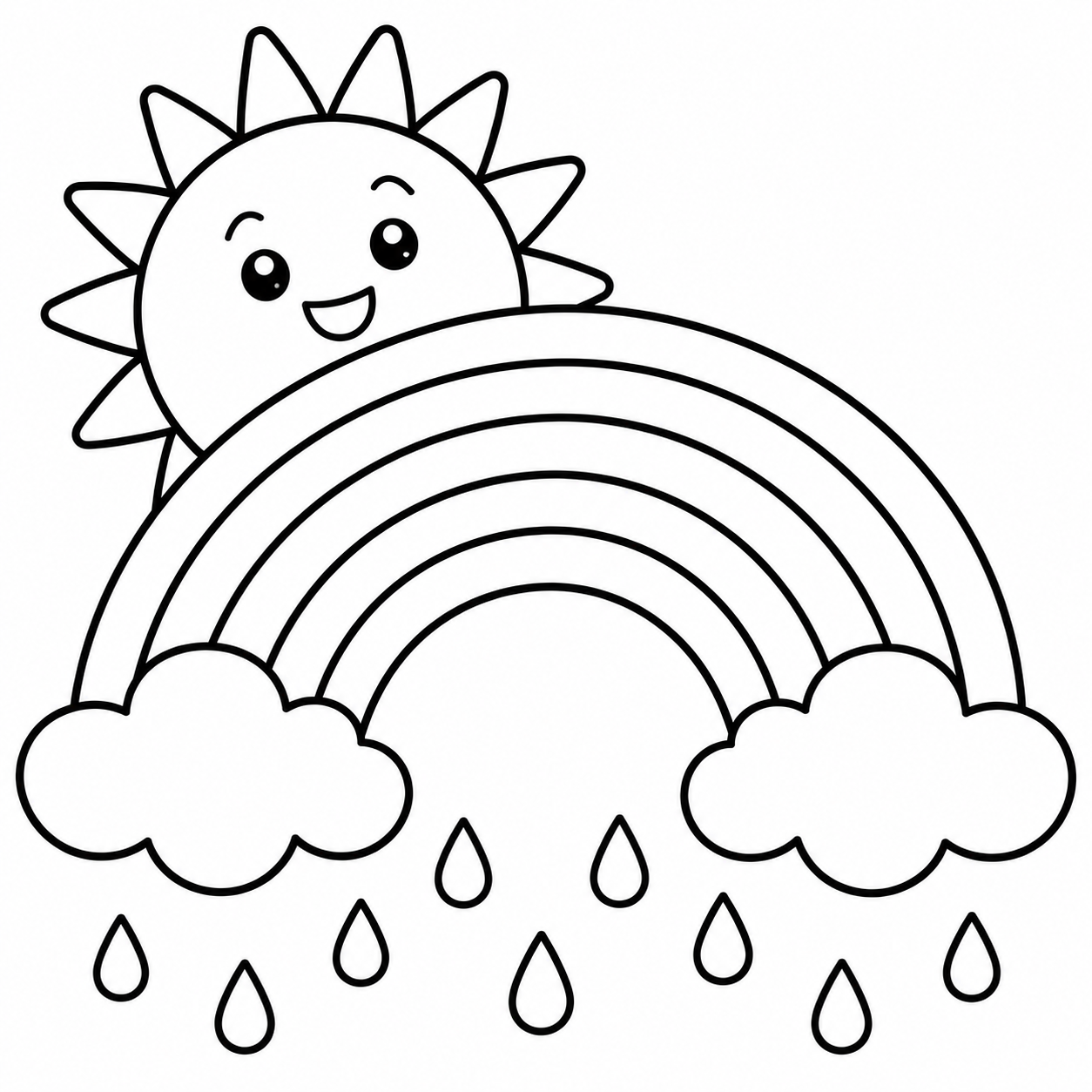 Rainbow with sun and raindrops coloring page — free printable rainbow coloring page with cartoon sun for kids.